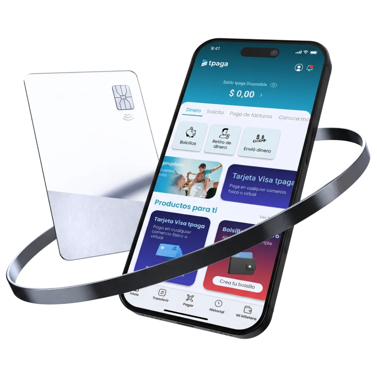 App tpaga en un celular: saldo disponible, envío y retiro de dinero, tarjeta Visa y bolsillos de ahorro